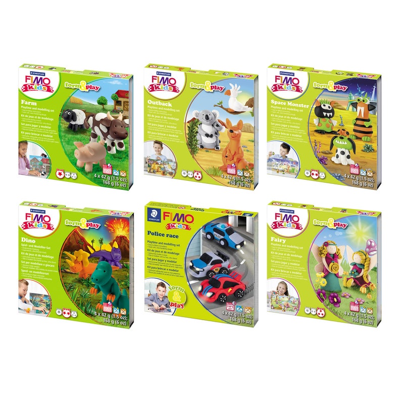 May include: Six colorful boxes of Fimo Kids form play modeling clay sets. Each box features a different theme: Farm, Outback, Space Monster, Dino, Police Race, and Fairy. Each box includes a play mat, modeling clay, and tools for creating.