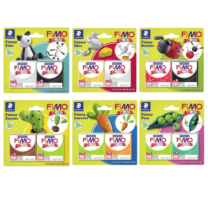 May include: A set of six FIMO Kids modeling clay packs, each featuring a different theme: Funny Cats, Funny Mice, Funny Beetles, Funny Cactus, Funny Carrots, and Funny Peas. Each pack includes two 42-gram (1.5 oz) blocks of clay in different colors.