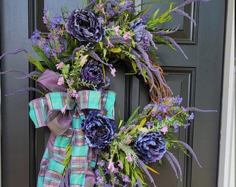Blue Peony Front Door Wreath, Purple Peony Porch Wreath, Summer Door Grapevine Wreath, Wildflower Door Wreath, Spring Cottage Wreath