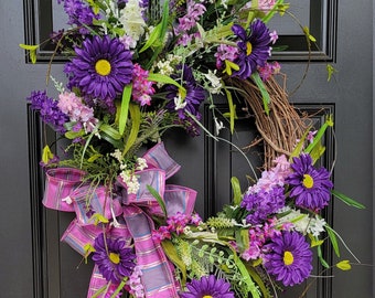 Spring Daisy Front Door Wreath, Purple Daisy Wreath, Purple Door Wreath, Summer Front Door Wreath, Wildflower Wreath