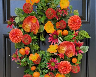 Tropical Front Door Wreath, Dahlia and Buttercup Wreath, Summer Porch Door Wreath, Orange and Yellow Entryway Wreath, Beach Decor, Citrus