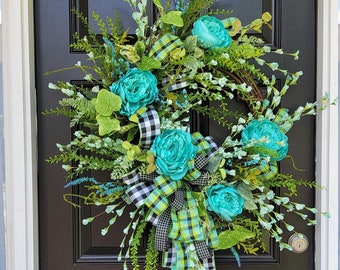 Summer Front Door Wreath, Peony Door Wreath, Teal Entryway Wreath, Large Wildflower Wreath, Peony Grapevine Wreath