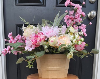Pastel Pink Spring Paper Mache Basket Arrangement, Elegant Peony Ranunculus and Cream Berry Table Centerpiece, Cottage Theme Wedding Decor
