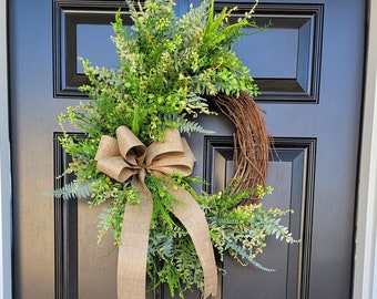 Year-Round Mixed Greenery Grapevine Wreath, Lush Fern Front Door Design, Neutral Entryway Wall Accent, Everyday Natural Farmhouse Decor