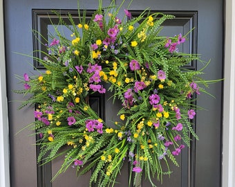 Spring Purple and Yellow Wildflower Wreath, Summer Country Door Wreath, Large Greenery Front Door Wreath, Beaded Grass Wreath, Button Grass