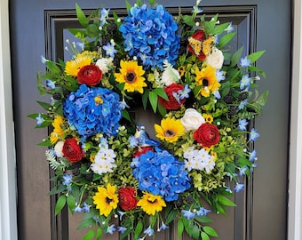 Red, White and Blue Wreath, Summer Sunflower Front Door Wreath, Blue Hydrangea Grapevine Wreath, Large Door Wreath, Entryway Wall Wreath