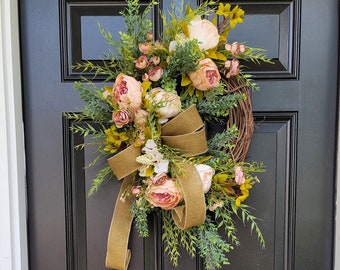 Year-Round Cottage Style Wreath, Spring Peony Grapevine Wreath, Summer Shabby Chic Wreath, Country Rose Decor, Greenery Door Wreath