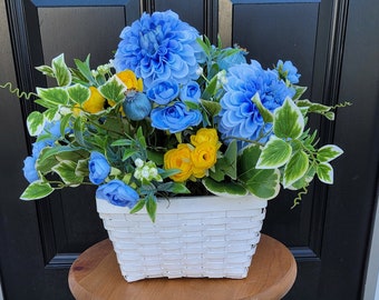 Spring Blue Dahlia and Ranunculus Chipwood Basket Arrangement, Kitchen Table Accent Piece, Front Porch Table Decorations, Summer Greenery