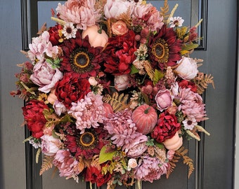 Country Chic Fall Sunflower Wreath, Pink and Mauve Pumpkin Wreath, Burgundy Sunflower Wreath, Designer Peony Door Decor, Pink Mum Wreath