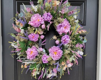Purple Spring Peony Wildflower Wreath, Lavender and Greenery Front Door Decor, Daisy Flowers Farmhouse Wall Accent, Country Cottage Porch