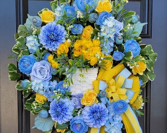 Springtime Blue Dahlia Grapevine Wreath, White Country Basket Front Door Decor, Yellow Bird and Rose Entryway Wall Accent, Summer Hydrangeas