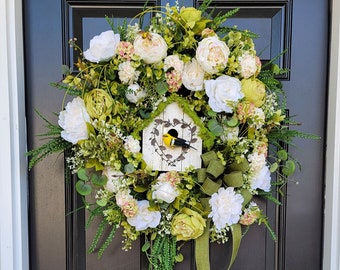 Neutral Spring Birdhouse Grapevine Wreath, Hydrangea Rose and Peony Front Porch Decor, Cottage Green and Cream Everyday Beaded Grass Wreath