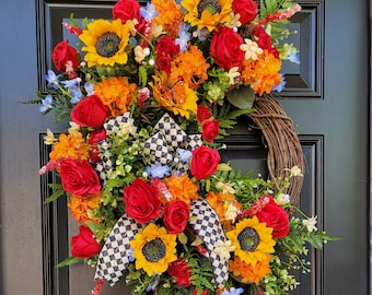 Summer Garden Door Wreath, Sunflower Hydrangea and Red Rose Front Door Decor, Designer Country Entryway Wall Design, Airy Fern Greenery