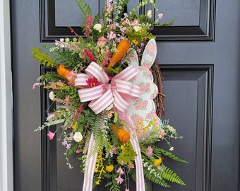 Whimsical Easter Bunny Wreath, Spring Pastel Wildflower Door Wreath, Cottage Greenery and Daisies Porch Wreath, Spring Grapevine Wreath