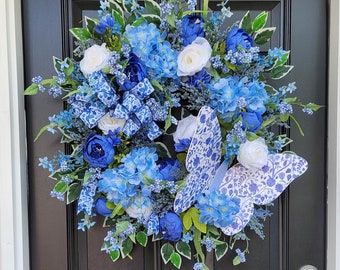 Blue Butterfly Front Door Wreath, Large Hydrangea Grapevine Wreath, Cottage Core Entryway, Summer Wildflower Decor, Floral Butterfly Wreath