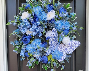 Blue Butterfly Front Door Wreath, Large Hydrangea Grapevine Wreath, Cottage Peony Wreath, Summer Wildflower Decor, Floral Butterfly Wreath