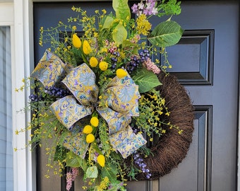 Summer Tulip & Berry Vine Wreath, Floral Ribbon Bow, Spring Door Porch Decor