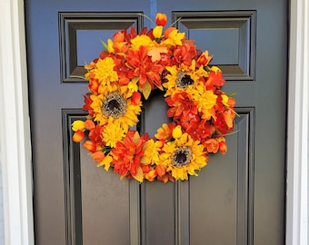 Fall Pumpkin Front Door Wreath, Autumn Sunflower Grapevine Wreath, Front Door Fall Decor, Compact Fall Wreath For Front Door