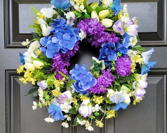 Compact Hydrangea Tulip Wreath, Purple Yellow Wildflowers, Spring Summer Door Decor