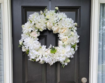 Wedding Wreath, Year-Round Wreath for Front Door, Everyday Neutral Entryway, Bridal Shower Wreath, Neutral Baby Shower Decor, Hydrangeas