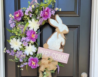 Spring Welcome Wreath, Bunny Welcome Wreath, Purple Peony Front Door Decor, Bunny Welcome Sign, Peony Grapevine Wreath, Easter Wreath