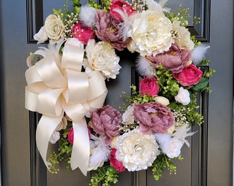 Country Wedding Wreath, Victorian Wreath, Cottage Style Wreath, Valentine's Door Wreath, Elegant Wedding Wreath, Romantic Style Wreath