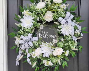 Everyday Neutral Greenery Wreath, Large Welcome Wreath For Front Door, Year-Round Mixed Greenery Wreath, White and Green Grapevine Wreath