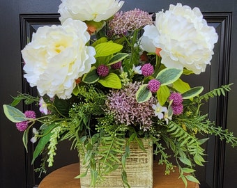 Springtime Peony Floral Arrangement, Mother's Day Table Arrangement, Purple Floral Centerpiece, Cream Peony Table Decor