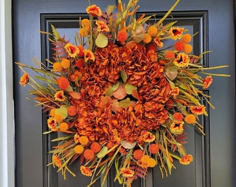 Fall Farmhouse Front Door Wreath, Fall Hydrangea Wreath, Autumn Entryway Decor, Elegant Fall Porch Wreath, Large Hydrangea Grapevine Wreath