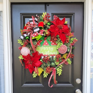 Red and Green Merry Christmas Wreath, Christmas Door Wreath, Red Poinsettia Christmas Wreath, Elegant Christmas Decor, Front Porch Wreath