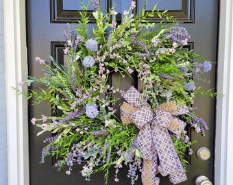 Purple Wildflower Summertime Wreath, Springtime Cottage Core Door Decor, Lavender Door Wreath, Year-Round Wildflower Entryway Wreath