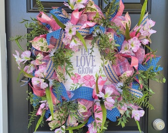 Spring Pink and Blue Poly Mesh Wreath, Let Love Grow Front Door Wreath, Spring Pastel Door Decor, Mother's Day Mesh Wreath
