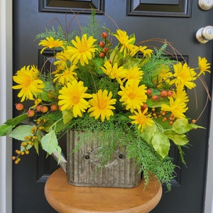 Yellow Daisy Watering Can Arrangement, Watering Can Wall Decor, Yellow Daisy Floral Arrangement, Entryway Decor, Summer Floral Arrangement image 1