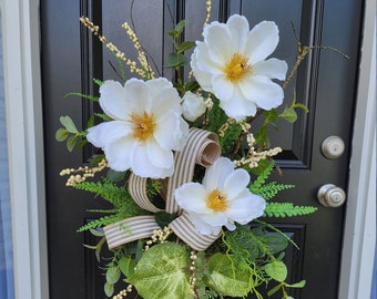 Year-Round Farmhouse Magnolia Candlestick Arrangement, Magnolia Candlestick Decor, Rustic Floral Arrangement, Beaded Grass, Button Grass