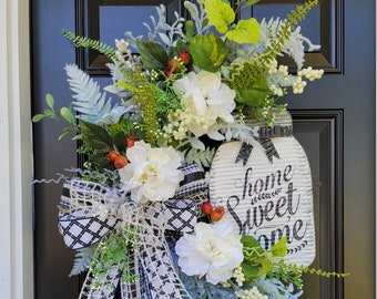 Home Sweet Home Year-Round Front Door Wreath, Large Neutral Peony Wreath, Housewarming Welcome Wreath, Farmhouse Floral Door Wreath