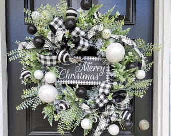 Black and White Merry Christmas Flocked Wreath, Merry Christmas Front Door Wreath, Black and White Holiday Wreath, Farmhouse Christmas