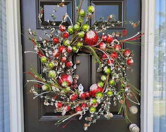 Red and Green Christmas Ball Wreath, Snowy Pine Front Porch Wreath, Christmas Door Wreath, X-Large Winter Wreath, Holiday Ornament Wreath