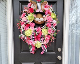 Large Pastel Easter Bunny Wreath, Spring Grapevine Door Wreath, Green Hydrangea and Pink Rose Wreath, Cottage Style Decor