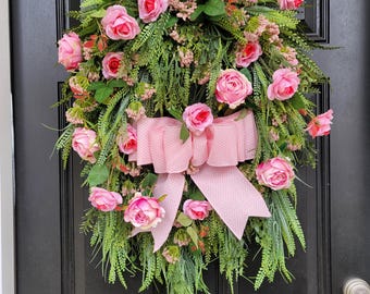 Spring Pink Roses and Button Grass Front Door Wreath, Valentine's Day, Mother's Gift, Garden Inspired Decor