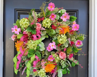 Pink and Green Spring Large Grapevine Wreath For Front Door, Green Hydrangea and Pink Cosmos for Porch, Berry and Peony Luxe Ribbon Wreath