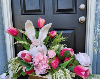 Whimsical Cottage Easter Bunny Floral Arrangement, Tulip Hydrangea Centerpiece