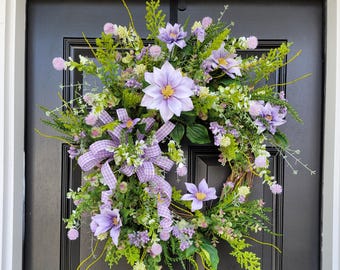 Springtime Purple Clematis Grapevine Front Door Wreath, Airy Purple and Green Porch Wreath, Summer Button Leaf Greenery Door Decor