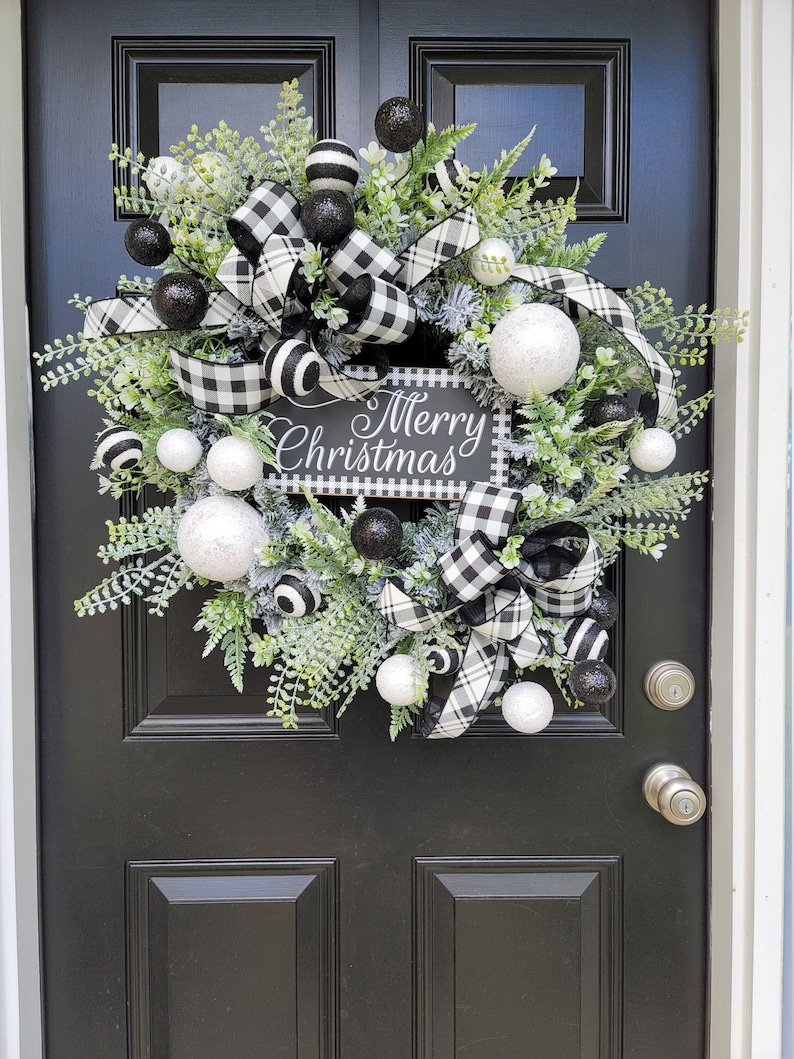 Black and White Merry Christmas Flocked Wreath, Merry Christmas Front Door Wreath, Black and