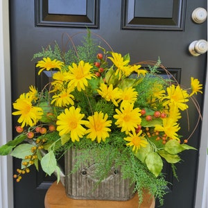 Yellow Daisy Watering Can Arrangement, Watering Can Wall Decor, Yellow Daisy Floral Arrangement, Entryway Decor, Summer Floral Arrangement image 2