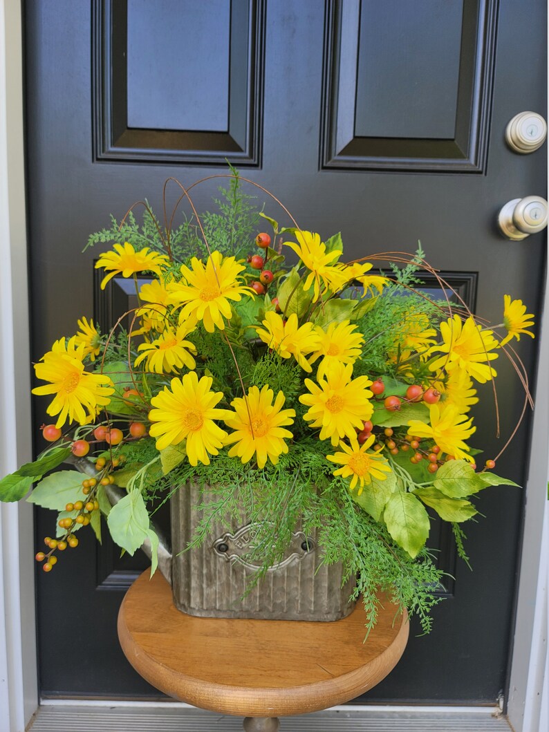 Yellow Daisy Watering Can Arrangement, Watering Can Wall Decor, Yellow Daisy Floral Arrangement, Entryway Decor, Summer Floral Arrangement image 2