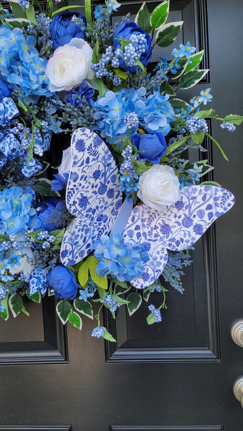 Blue Butterfly Front Door Wreath, Large Hydrangea Grapevine Wreath ...