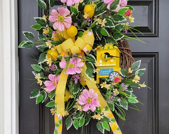 Lemonade Spring Birdhouse Wreath, Pink Daisy Beaded Grass Wreath, Yellow and Pink Spring Door Wreath, Yellow Wildflower Front Porch Wreath