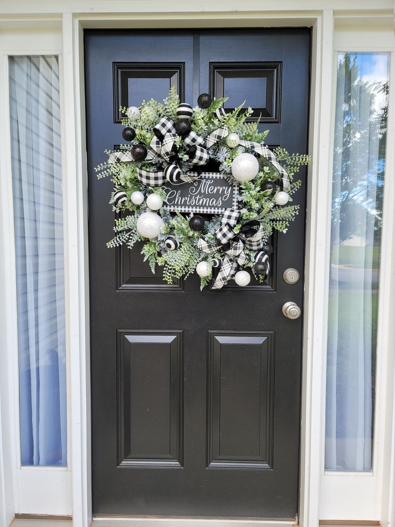 Black and White Merry Christmas Flocked Wreath, Merry Christmas Front Door Wreath, Black and