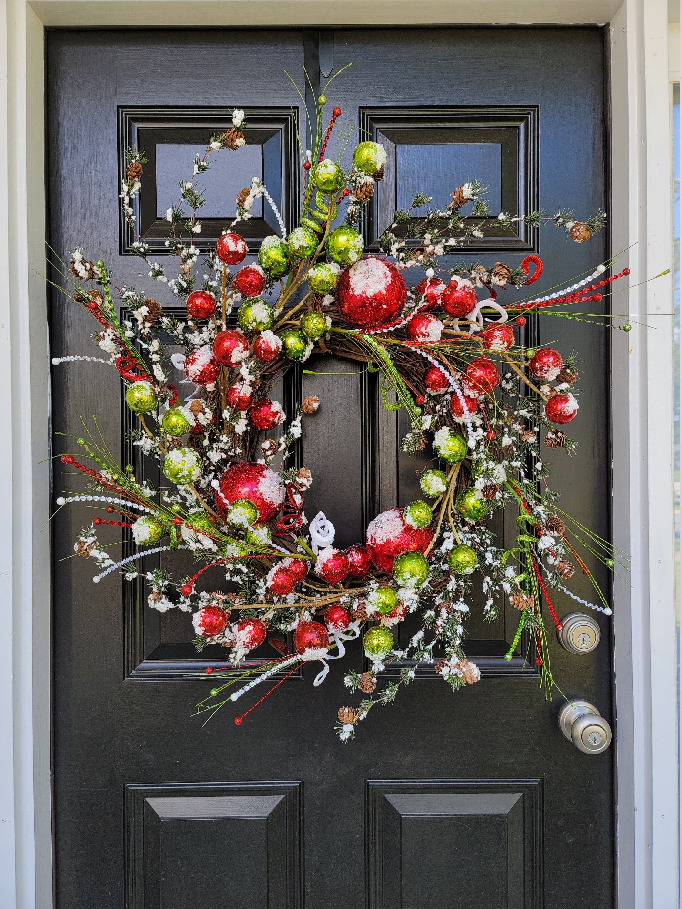 Red and Green Christmas Ball Wreath, Snowy Pine Front Porch Wreath