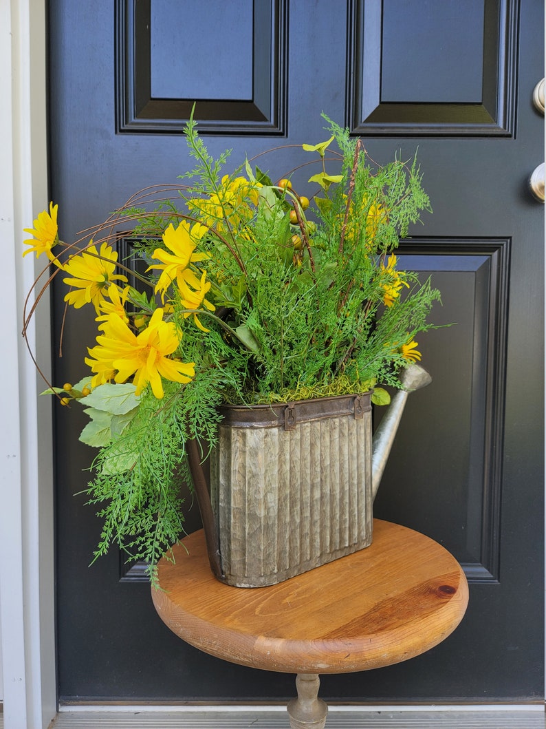 Yellow Daisy Watering Can Arrangement, Watering Can Wall Decor, Yellow Daisy Floral Arrangement, Entryway Decor, Summer Floral Arrangement image 4